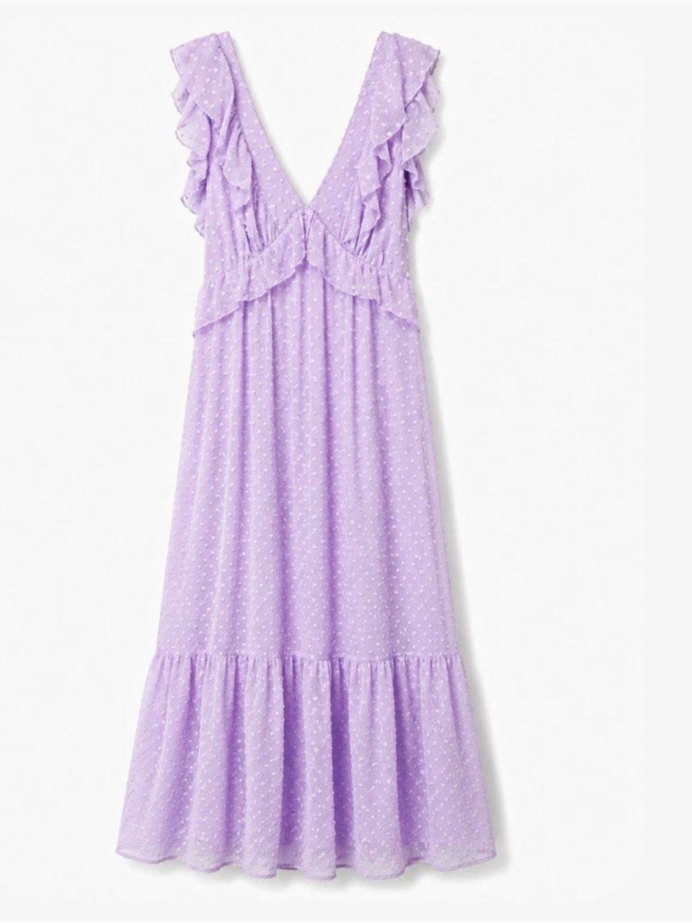 Francesca's Lavender Ruffle Swiss Dot Maxi Dress